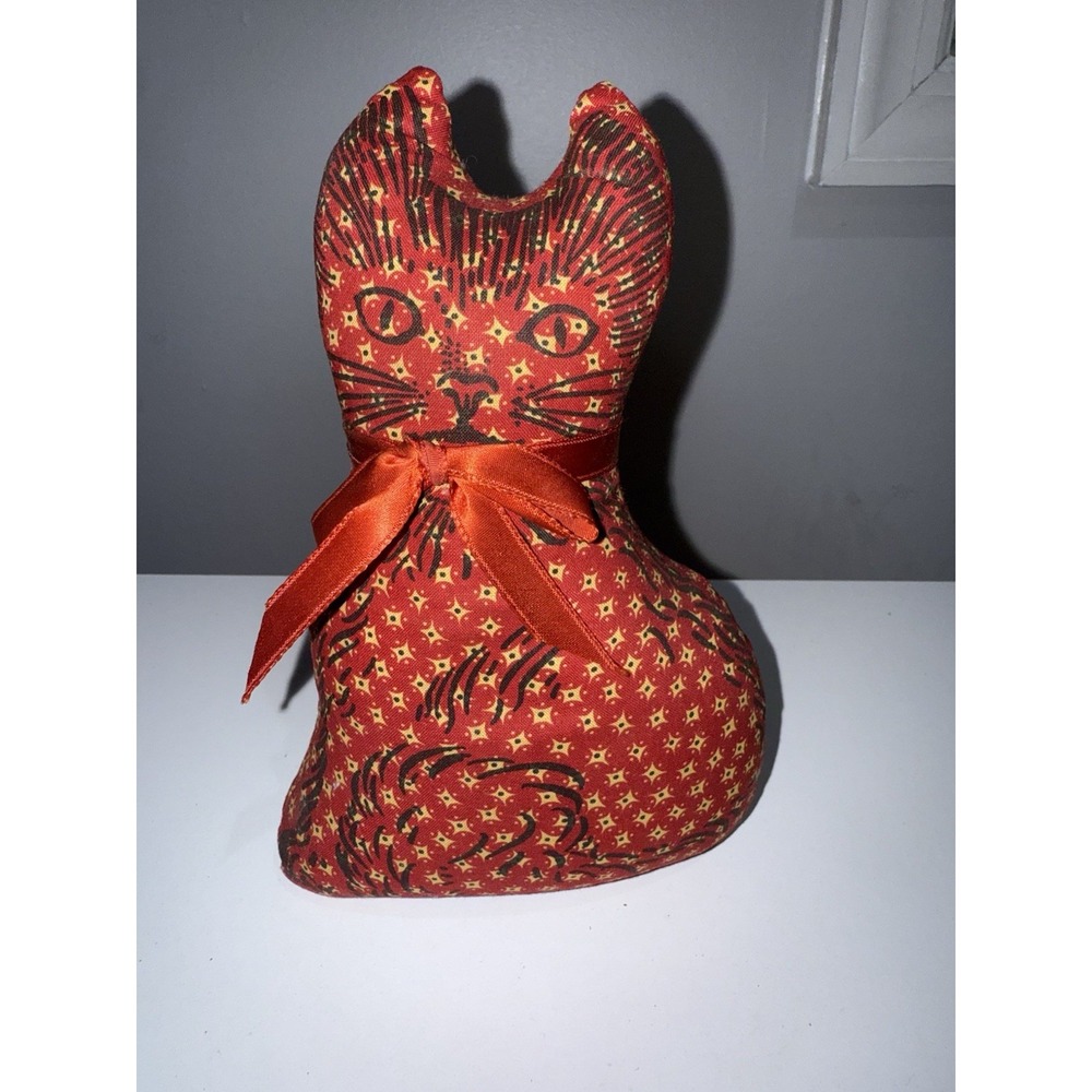 Vintage Floral Cloth Weighted Cat Kitten Folk Art Shelf Sitter Red F‎